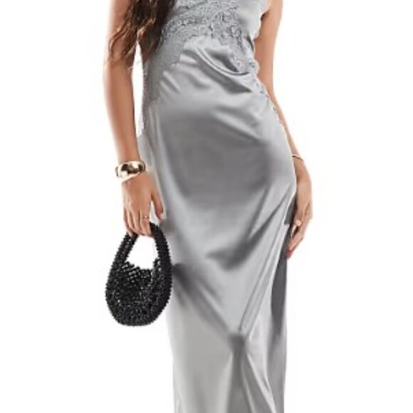 VERO MODA Lace Trim Satin Slipdress Silver L NWT - Picture 3 of 11